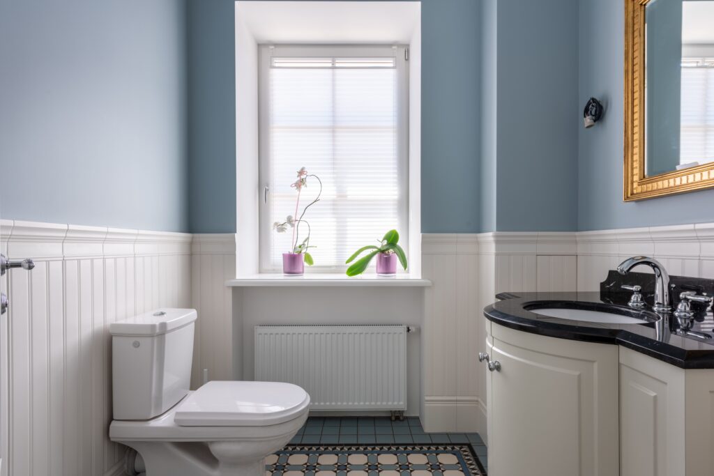 Salle de bain peinte en bleu et blanc