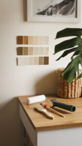 Décoration intérieure avec mur clair et panier.