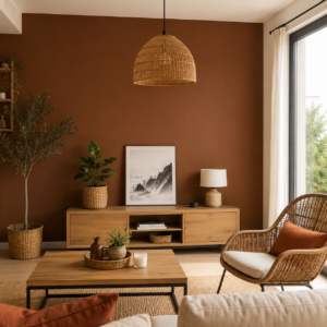 Salon cosy avec mur brun.